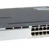 Front view of Cisco Catalyst WS-C3750X-24P-S 24-port Gigabit PoE+ stackable switch showing RJ45 ports and network module slot.