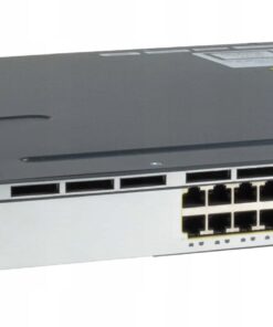 Front view of Cisco Catalyst WS-C3750X-24P-S 24-port Gigabit PoE+ stackable switch showing RJ45 ports and network module slot.