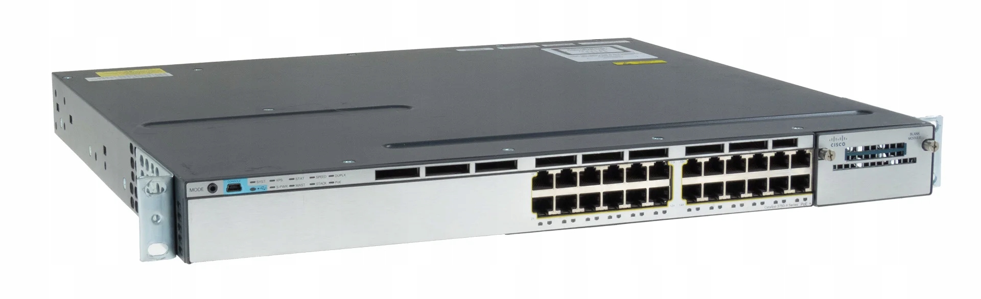 Cisco Catalyst WS-C3750X-24P-S 24-Port PoE+ Switch Front view of Cisco Catalyst WS-C3750X-24P-S 24-port Gigabit PoE+ stackable switch showing RJ45 ports and network module slot.