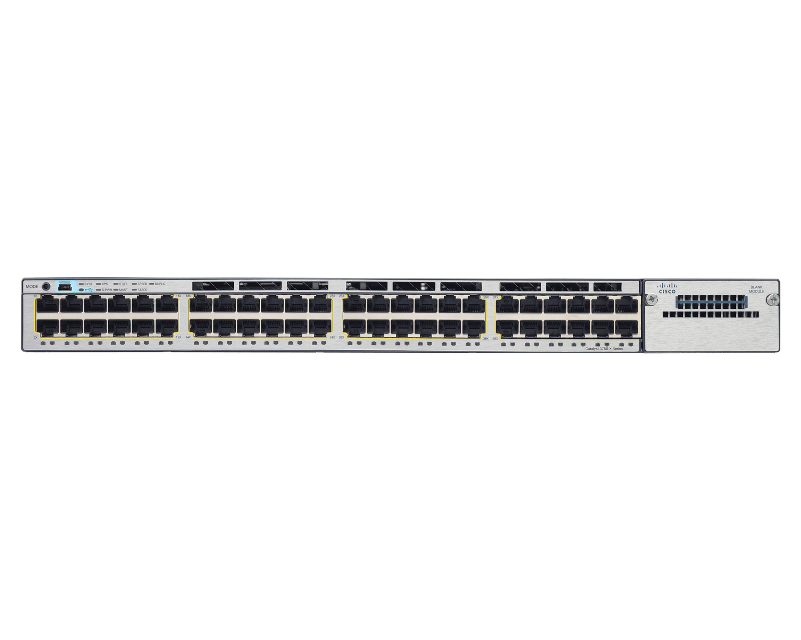 Cisco Catalyst WS-C3750X-48T-S 48-Port Non-PoE Switch Front view of Cisco Catalyst WS-C3750X-48T-S 48-port Gigabit non-PoE stackable switch showing data ports and empty network module slot.