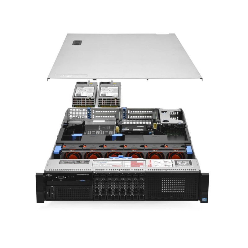 Front view of a Dell PowerEdge R720 2U rack server with 8-bay 3.5-inch hard drive configuration and bezel removed showing hot-plug drive slots.