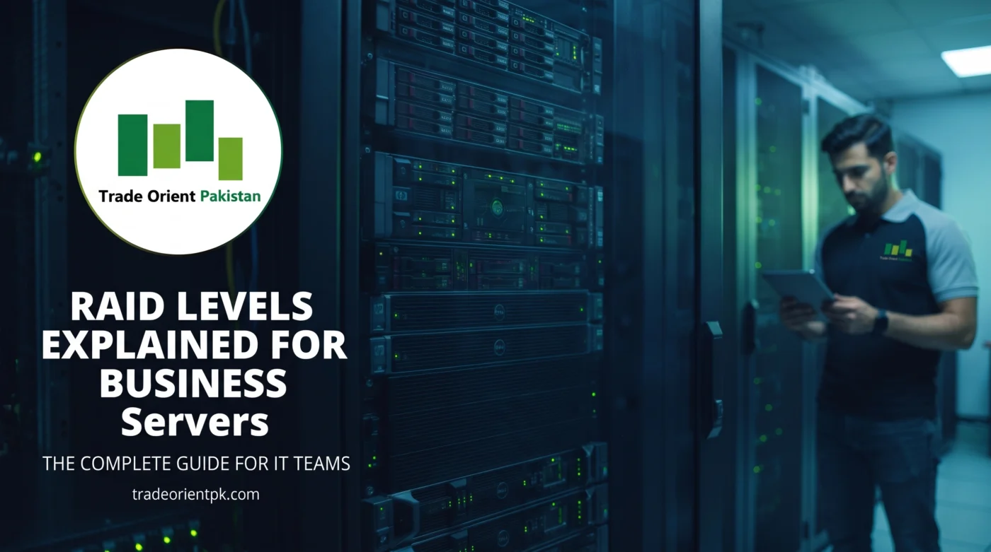 An IT professional managing a server rack in a modern data center, featuring the Trade Orient Pakistan logo and the text "RAID Levels Explained for Business Servers: The Complete Guide for IT Teams."