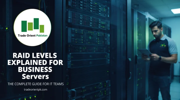 An IT professional managing a server rack in a modern data center, featuring the Trade Orient Pakistan logo and the text "RAID Levels Explained for Business Servers: The Complete Guide for IT Teams."