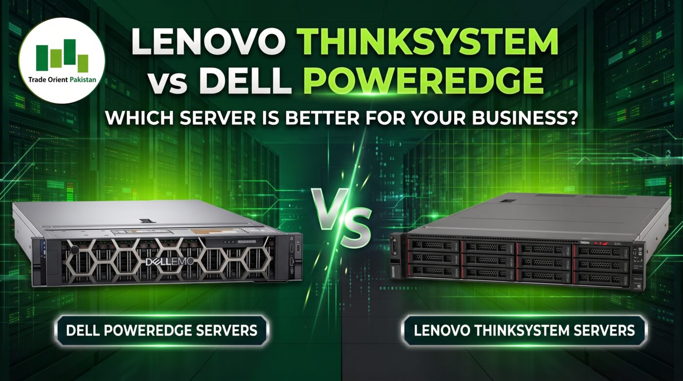 Side-by-side comparison of a Dell PowerEdge server and a Lenovo ThinkSystem server in a high-tech green data center, featuring the text "Which server is better for your business?" and the Trade Orient Pakistan logo.