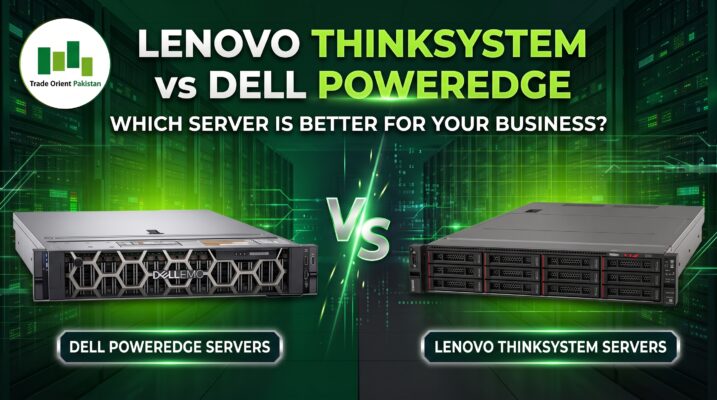 Side-by-side comparison of a Dell PowerEdge server and a Lenovo ThinkSystem server in a high-tech green data center, featuring the text "Which server is better for your business?" and the Trade Orient Pakistan logo.